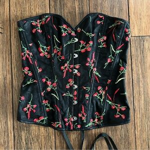 Floral Embroidered Overbust Corset Top Small Gothic Black Red Victorian
